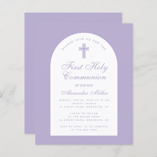 Lavender Boy First Communion Budget Invitation