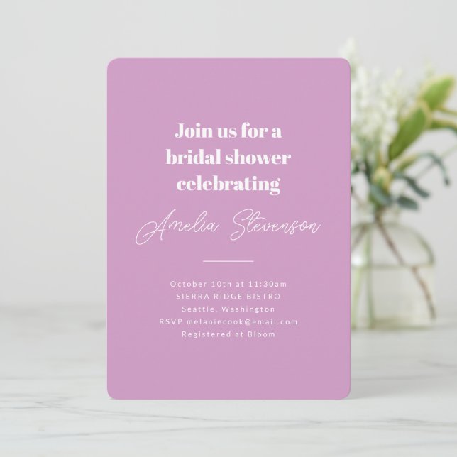Lavender Bridal Shower Modern Script Calligraphy Invitation (Standing Front)