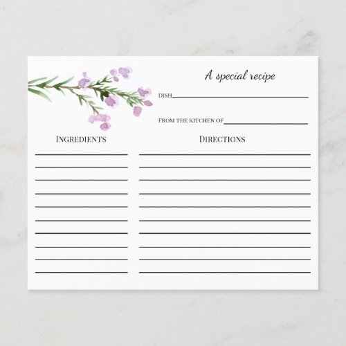 Lavender Bridal Shower Recipe card