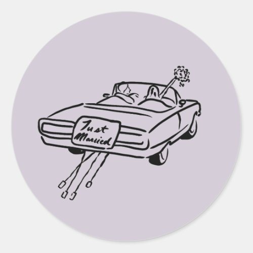 lavender bride and groom in a just married car  classic round sticker