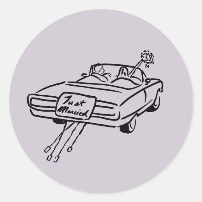 lavender bride and groom in a just married car  classic round sticker (Front)