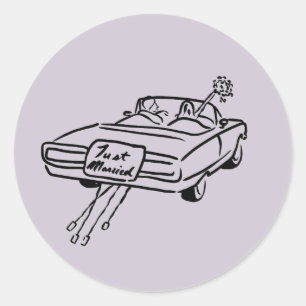 lavender bride and groom in a just married car classic round sticker