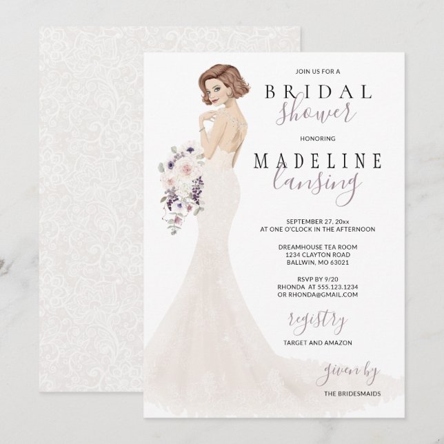 Lavender Bride in Lace Bridal Shower Invitation (Front/Back)