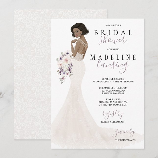 Lavender Bride in Lace Gown Bridal Shower Invitation (Front/Back)