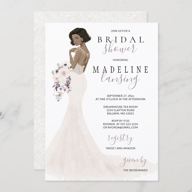 Lavender Bride in Lace Gown Bridal Shower Invitation (Front/Back)