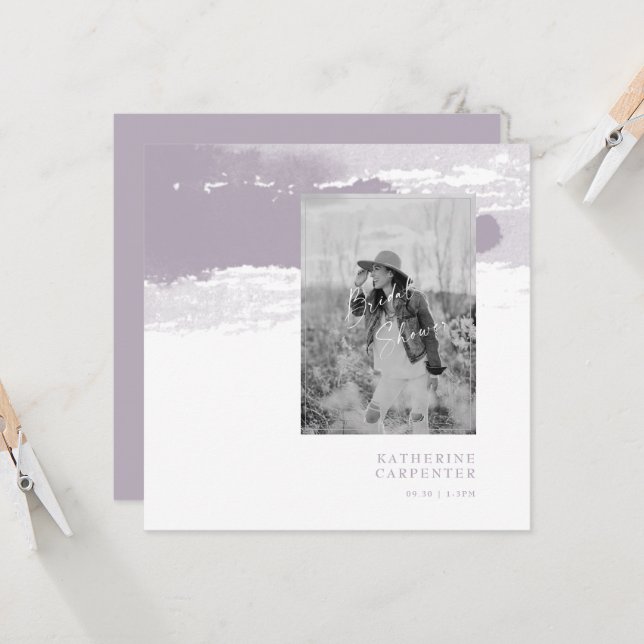 Lavender Bride Photo Square Bridal Shower Invitation (Front/Back In Situ)