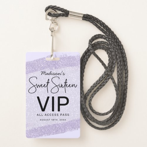 Lavender Brush Glitter Sweet 16 Invitation VIP Badge
