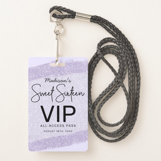 Lavender Brush Glitter Sweet 16 Invitation VIP Badge (Front with Lanyard)