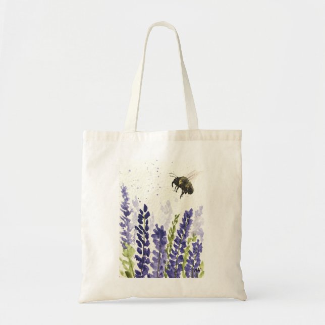 Lavender bumblebee watercolor insect Flowers herbs Tote Bag (Front)