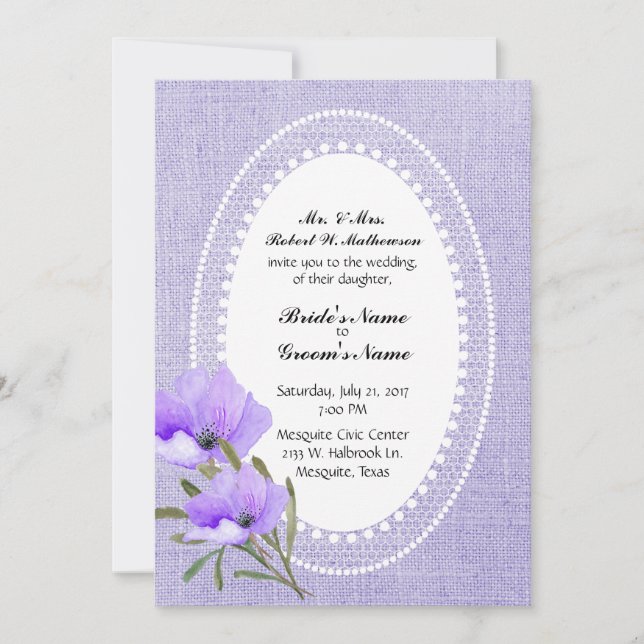 Lavender Burlap and Flowers Wedding Invitation (Front)