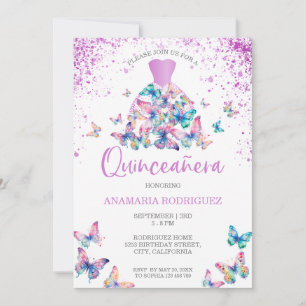 Lavender Butterflies Gown Blush Floral Quinceanera Invitation