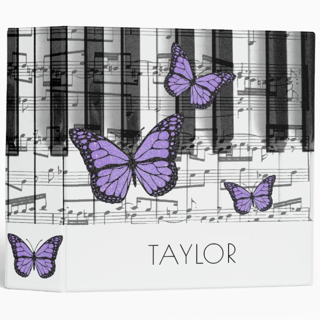 lavender butterflies music piano 3 ring binder (Front/Spine)