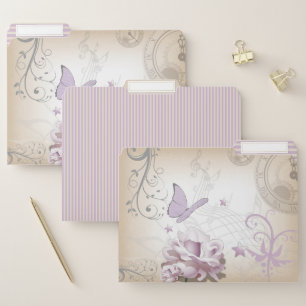 Lavender Butterflies, Music Staffs, and Clocks File Folder
