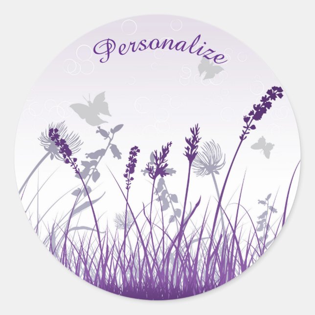 Lavender & Butterflies Personalize Classic Round Sticker (Front)