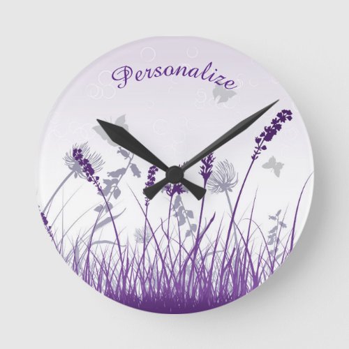 Lavender  Butterflies Personalize Round Clock