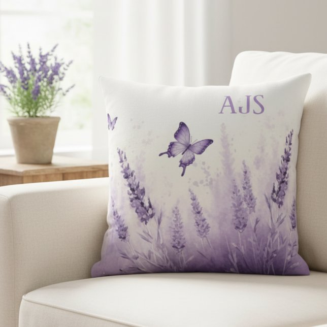 Lavender Butterfly – Aesthetic Home Gift Throw Pillow (Lavender and Butterflies Decorative monogram pillow)