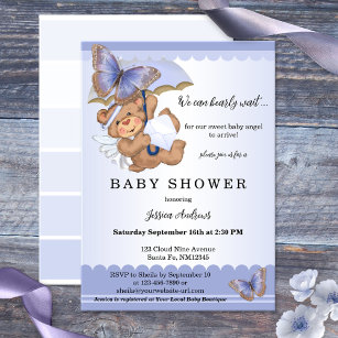 Lavender Butterfly Bear Angel Baby Shower Invitation