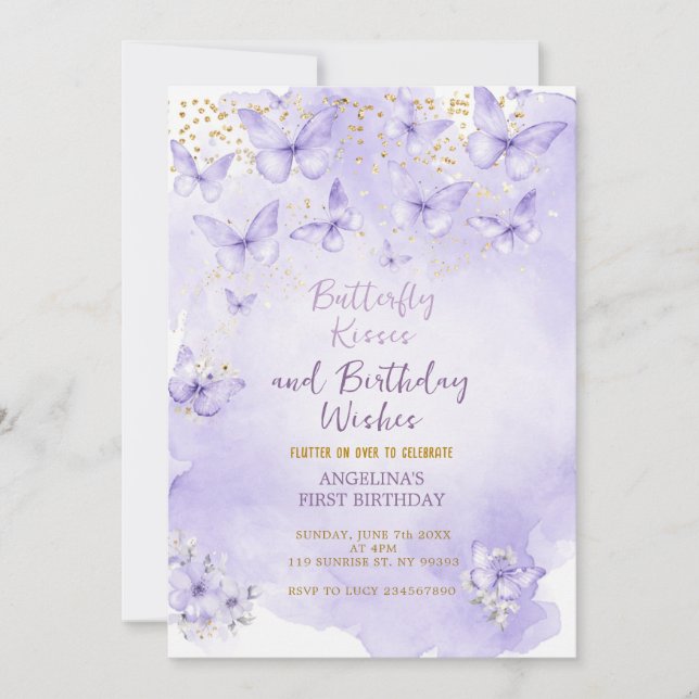 Lavender Butterfly First Birthday Invitation (Front)