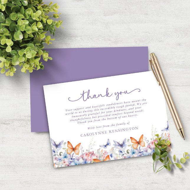 Lavender Butterfly Floral Sympathy Thank You Card (Lavender Butterfly Floral Sympathy Thank You Note Card)