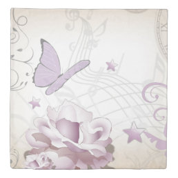 Lavender Butterfly, Music Staffs &amp; Clocks Vintage Duvet Cover