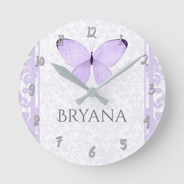 Lavender Butterfly Nursery Room Personalized Round Clock (Front)