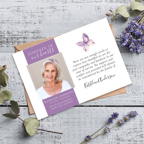 Lavender Butterfly Photo Funeral Thank You Cards