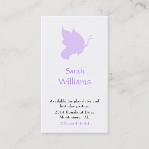 Customizable Lavender Butterfly Silhouette Play Date Card Business Card Template