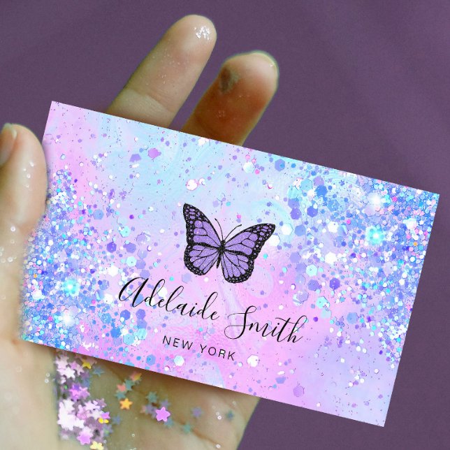 lavender butterfly simulated chunky glitter business card