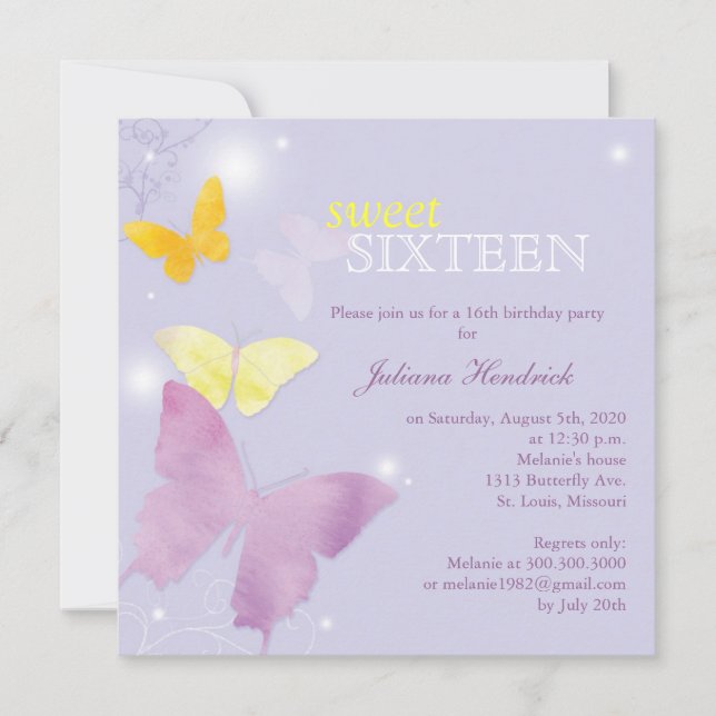 Lavender Butterfly Sweet 16 Birthday Party Invitation (Front)