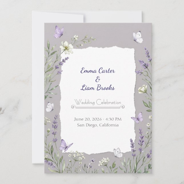 Lavender & Butterfly Watercolor Wedding Invitation (Front)