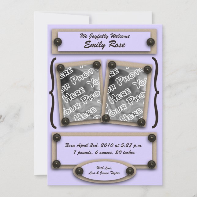 Lavender Buttons & Brackets Birth Announcement (Front)