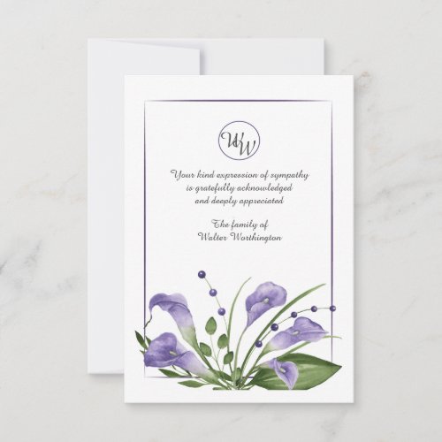 Lavender Calla Lilies Sympathy Thank You Card