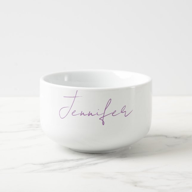 Lavender Calligraphy Elegant Plain Simple Name Soup Mug (Front)