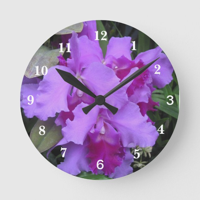 Lavender Catleya Orchids Round Clock (Front)