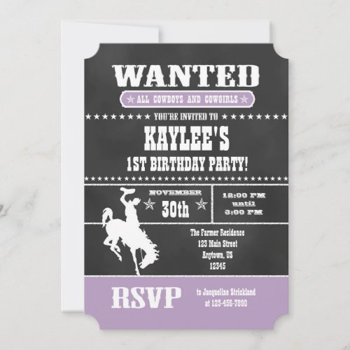 Lavender Chalkboard Cowboy Birthday Invitation