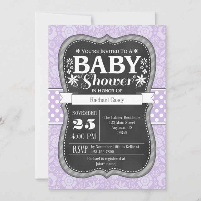 Lavender Chalkboard Floral Baby Shower Invite (Front)