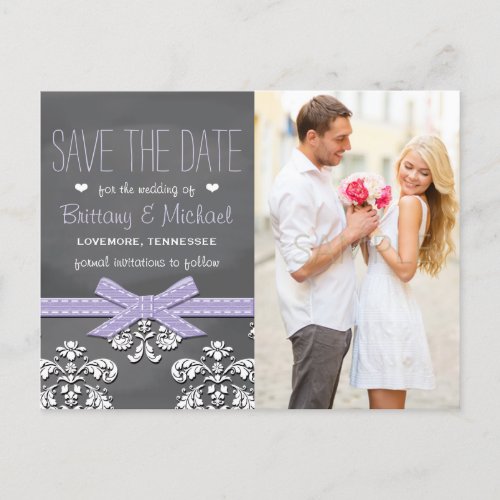 Lavender Chalkboard Lace Bow Save the Date Announcement Postcard