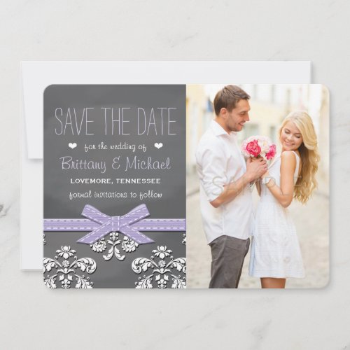 Lavender Chalkboard Lace  Bow Save the Date Card