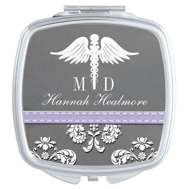 Lavender Chalkboard Physician Doctor MD Caduceus Compact Mirror (Front)