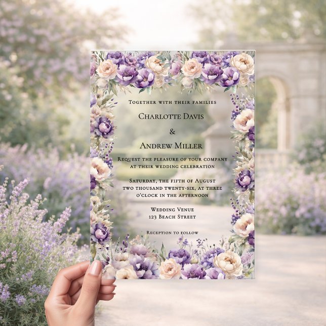 Lavender champagne cream floral luxury wedding acrylic invitations (Creator Uploaded)