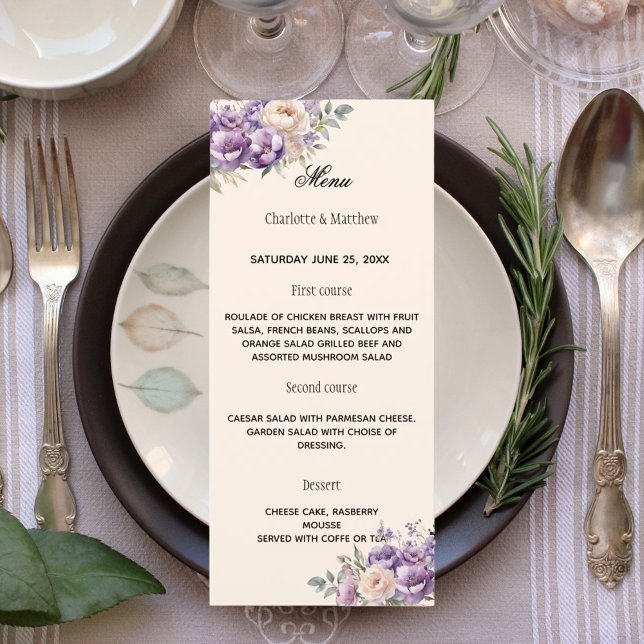 Lavender champagne cream floral wedding menu (Creator Uploaded)