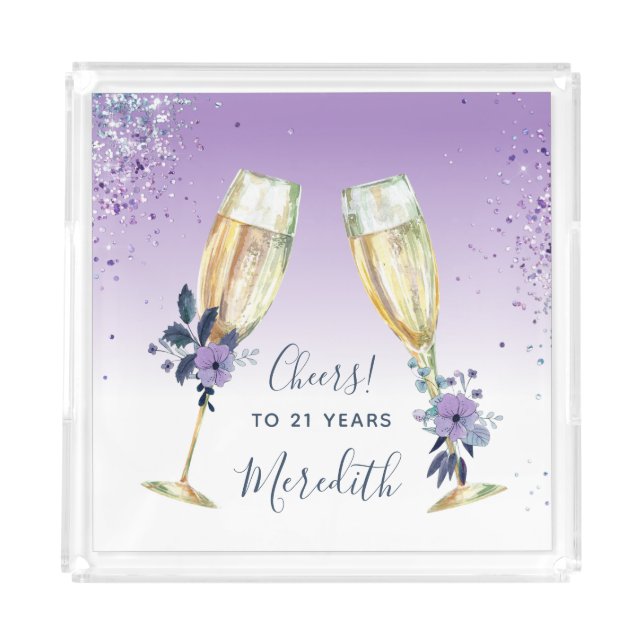 Lavender Champagne Toast 21st Birthday Keepsake Acrylic Tray (Front)