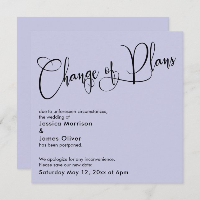 Lavender Change of Plans Postponed Wedding Card (Front/Back)