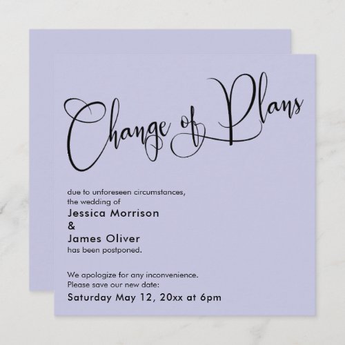 Lavender Change of Plans Postponed Wedding Card