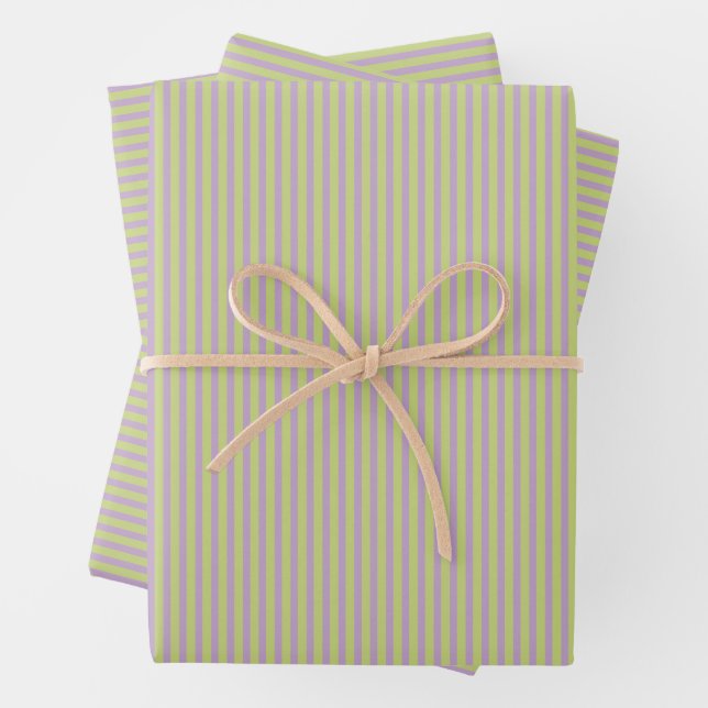 Lavender Chartreuse Preppy Retro Stripe Pattern Wrapping Paper Sheets (In situ)
