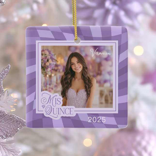 Lavender Checkerboard Photo Quinceanera Keepsake Ceramic Ornament (Creator Uploaded)