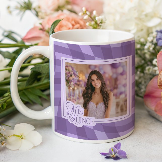 Lavender Checkered Photo Quinceanera Keepsake Coffee Mug (Shown on a Classic Mug)