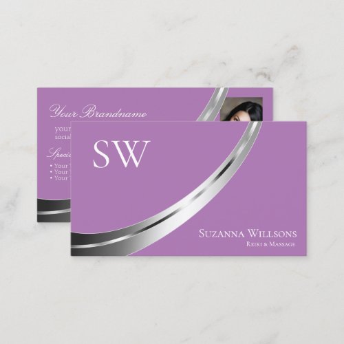 Lavender Chic Silver Decor with Monogram and Photo Business Card