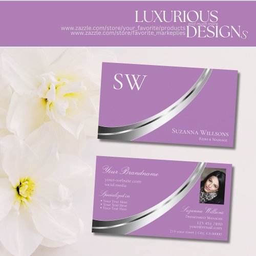 Lavender Chic Silver Decor with Monogram and Photo Business Card