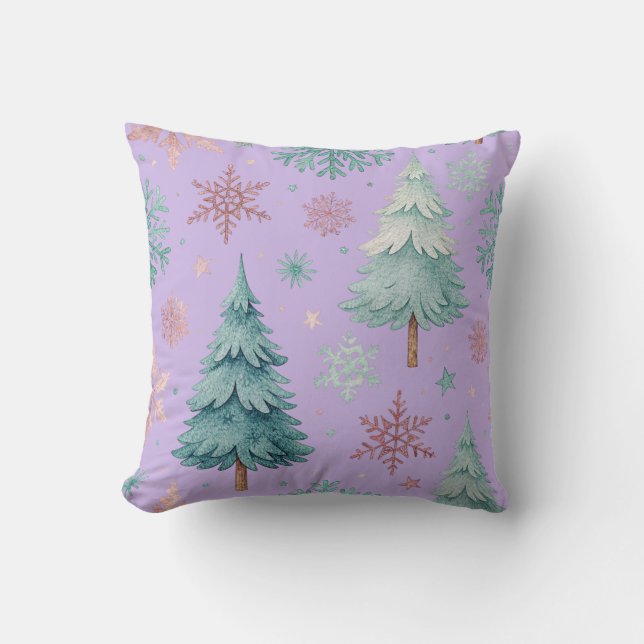 Lavender Christmas Tree and Snowflake Throw Pillow (Front)